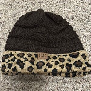 C.C Brown and Leopard Print Knit Beanie